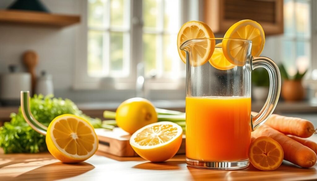 A well-lit kitchen countertop, filled with the ingredients for a refreshing carrot and lemon juice. In the foreground, a glass pitcher overflows with vibrant orange carrot juice, fresh lemon slices artfully arranged around the rim. In the middle ground, a wooden cutting board holds a halved lemon, its bright yellow flesh exposed, and a bundle of fresh green carrot tops. The background features a sunny window, streaming natural light into the scene, casting a warm glow over the whole composition. The overall mood is clean, crisp, and inviting, perfectly capturing the essence of a simple, healthful carrot and lemon juice. Uma bancada de cozinha bem iluminada, repleta de ingredientes para um refrescante suco de cenoura e limão. Em primeiro plano, uma jarra de vidro transborda com um vibrante suco de cenoura laranja, com fatias de limão fresco artisticamente dispostas na borda. No centro, uma tábua de corte de madeira segura um limão cortado ao meio, com sua polpa amarela brilhante exposta, e um maço de folhas verdes frescas de cenoura. Ao fundo, uma janela ensolarada, que deixa entrar luz natural no ambiente, lançando um brilho acolhedor sobre toda a composição. O clima geral é limpo, fresco e convidativo, capturando perfeitamente a essência de um suco de cenoura e limão simples e saudável.