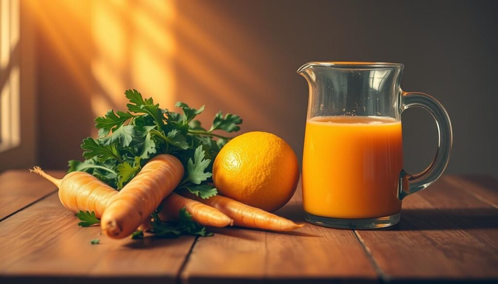 A well-lit wooden table showcases an assortment of fresh ingredients for a natural juice: a vibrant orange carrot, a juicy lemon, a bundle of crisp leafy greens, and a glass pitcher ready to receive the nectar. Shafts of warm, golden light illuminate the scene, creating a cozy, inviting atmosphere. The composition is balanced, with the ingredients arranged in an aesthetically pleasing manner, inviting the viewer to envision the simple, refreshing, and immune-boosting carrot-lemon juice being prepared. Suco de Cenoura com Limão