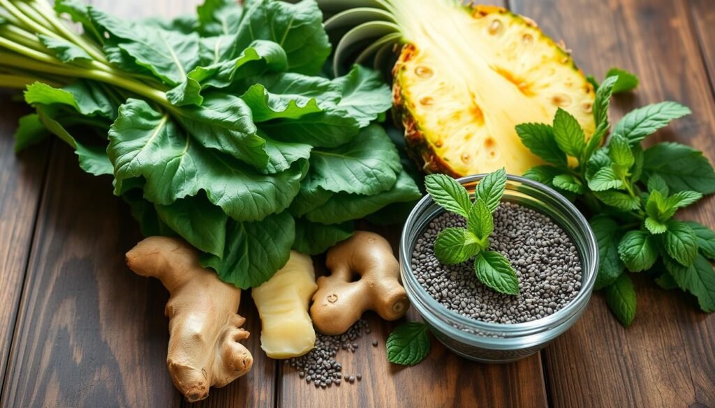 Ingredients for a green smoothie: a bundle of fresh kale, a ripe pineapple, a knob of ginger, a handful of mint leaves, and chia seeds in a glass bowl. Arrange the ingredients on a rustic wooden table, with soft natural lighting illuminating the scene. Capture the vibrant colors and textures of the produce, conveying a sense of health and refreshment. Compose the elements in a visually appealing, symmetrical layout, emphasizing the simplicity and nourishing qualities of the ingredients. Ingredientes para um smoothie verde: um maço de couve fresca, um abacaxi maduro, um pedaço de gengibre, um punhado de folhas de hortelã e sementes de chia em uma tigela de vidro. Disponha os ingredientes em uma mesa rústica de madeira, com uma iluminação natural suave iluminando o ambiente. Capture as cores e texturas vibrantes dos produtos, transmitindo uma sensação de saúde e frescor. Componha os elementos em um layout visualmente atraente e simétrico, enfatizando a simplicidade e as qualidades nutritivas dos ingredientes.