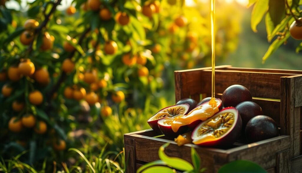Lush, verdant pasture with ripe passion fruit vines twisting and curling, their golden orbs gleaming in the soft, warm sunlight. In the foreground, a wooden rustic crate overflows with fragrant, golden honey drizzling languidly over the plump, juicy passion fruit halves, creating a rich, luxurious contrast. The scene is bathed in a dreamy, hazy glow, evoking a sense of tranquility and natural nourishment. Captured with a shallow depth of field, the focus draws the viewer's eye to the delectable, wholesome ingredients, inviting them to savor the soothing, restorative benefits of this natural elixir. Suco de Maracujá com Mel