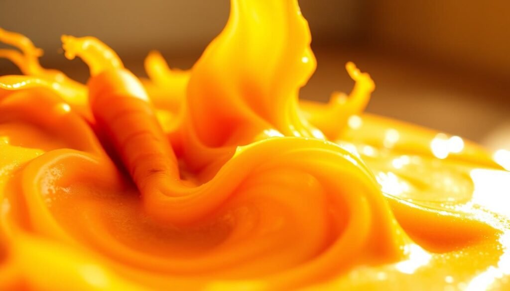 Vibrant variations of an energetic juice blend, featuring a mix of carrots and bananas in a creamy, nutrient-rich composition. The foreground showcases the lively orange and yellow hues of the juice, with a swirling, dynamic flow captured by a wide-angle lens. The middle ground highlights the textural interplay of the blended ingredients, while the background maintains a soft, blurred focus, creating a sense of depth and emphasizing the main subject. Warm, natural lighting casts a golden glow, evoking a comforting and invigorating atmosphere. The overall image conveys the delightful and rejuvenating properties of this energetic carrot-banana juice. Variações vibrantes de uma mistura de suco energético, com uma mistura de cenouras e bananas em uma composição cremosa e rica em nutrientes. O primeiro plano destaca os vibrantes tons de laranja e amarelo do suco, com um fluxo dinâmico e espiralado capturado por uma lente grande angular. O plano do meio destaca a interação textural dos ingredientes misturados, enquanto o fundo mantém um foco suave e desfocado, criando uma sensação de profundidade e enfatizando o assunto principal. A iluminação natural e quente projeta um brilho dourado, evocando uma atmosfera reconfortante e revigorante. A imagem geral transmite as propriedades deliciosas e rejuvenescedoras deste suco energético de cenoura e banana.
