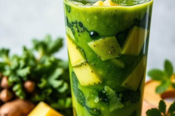 suco verde de couve com abacaxi, chia, gengibre e hortelã