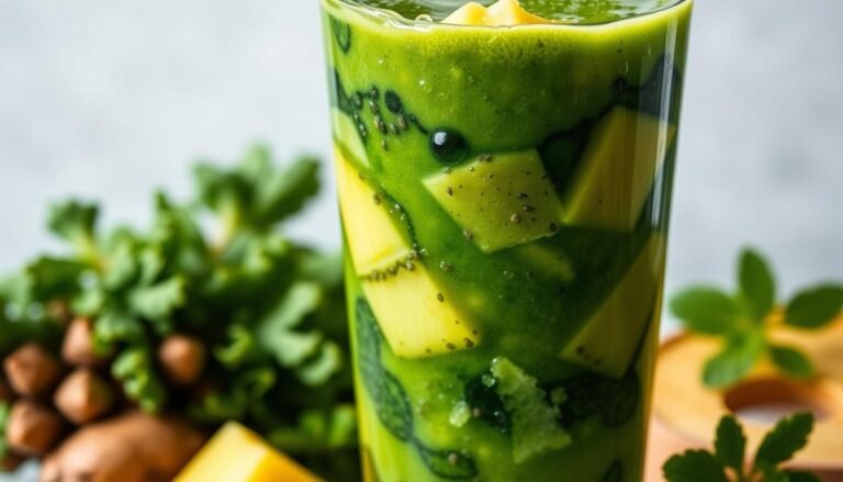 suco verde de couve com abacaxi, chia, gengibre e hortelã