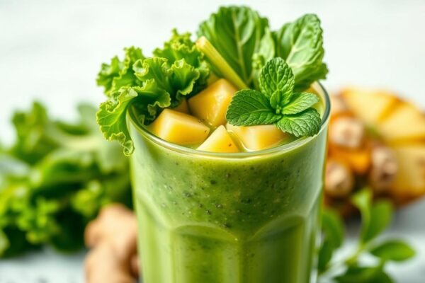 suco verde de couve com abacaxi, chia, gengibre e hortelã