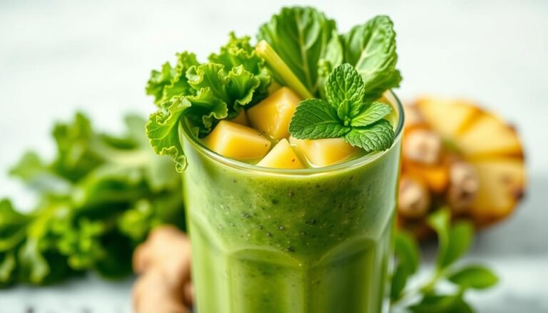 suco verde de couve com abacaxi, chia, gengibre e hortelã