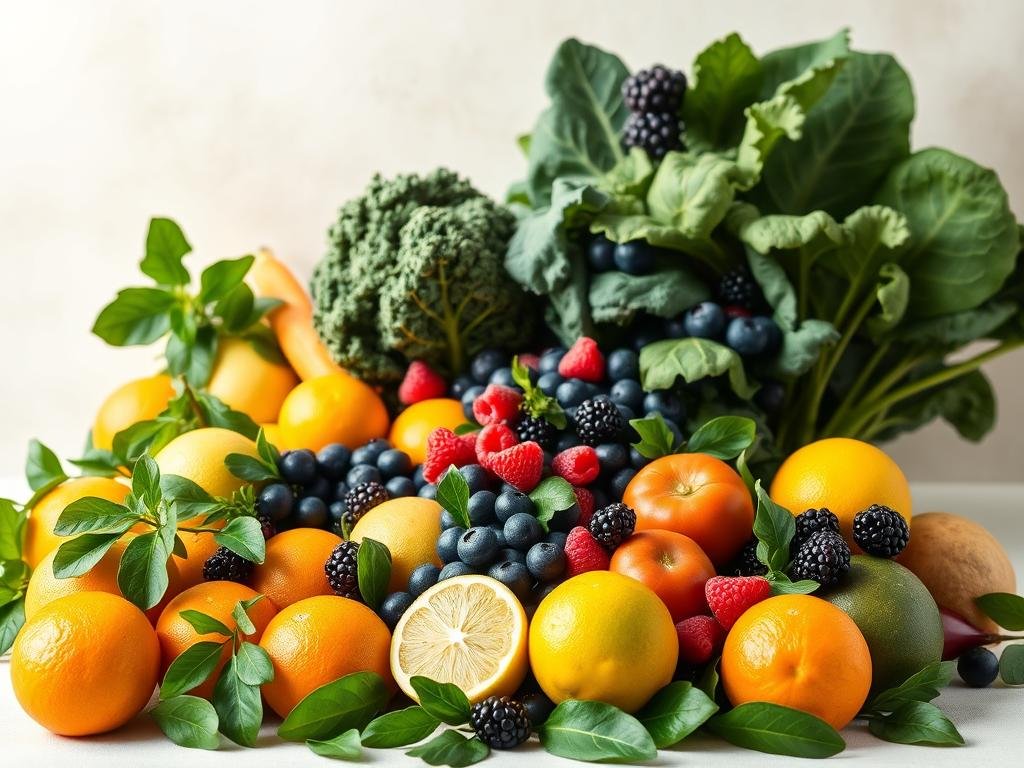 A bountiful still life of vibrant fruits and vegetables, carefully arranged against a soft, natural backdrop. In the foreground, a lush medley of citrus fruits - oranges, lemons, and limes - interspersed with crisp green leaves. The middle ground features an array of antioxidant-rich berries - juicy blueberries, raspberries, and blackberries. In the background, a collection of leafy greens - kale, spinach, and chard - stands tall, their deep hues radiating vitality. The lighting is soft and diffused, creating a warm, inviting atmosphere that celebrates the inherent goodness of these immune-boosting ingredients. Composition is balanced, with elements thoughtfully placed to draw the eye and convey a sense of natural harmony. Uma natureza-morta abundante com frutas e vegetais vibrantes, cuidadosamente dispostos sobre um fundo suave e natural. Em primeiro plano, uma exuberante mistura de frutas cítricas – laranjas, limões e limas – intercaladas com folhas verdes vibrantes. O plano central apresenta uma variedade de frutas vermelhas ricas em antioxidantes – mirtilos suculentos, framboesas e amoras. Ao fundo, uma coleção de folhas verdes – couve, espinafre e acelga – se destaca, com seus tons profundos irradiando vitalidade. A iluminação é suave e difusa, criando uma atmosfera acolhedora e convidativa que celebra a bondade inerente desses ingredientes que fortalecem o sistema imunológico. A composição é equilibrada, com elementos cuidadosamente posicionados para atrair o olhar e transmitir uma sensação de harmonia natural.