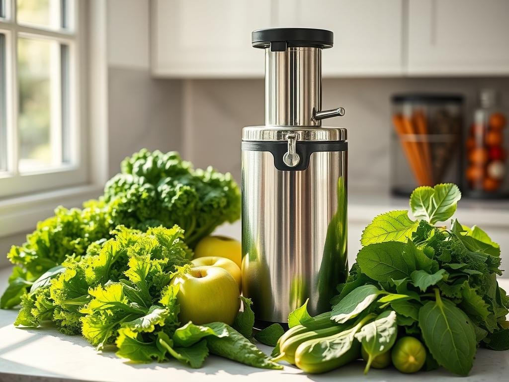 A bright, airy kitchen counter with fresh green ingredients for a detox green juice. Crisp, vibrant kale leaves, ripe green apples, refreshing cucumber spears, and a bundle of leafy spinach are neatly arranged. A stainless steel juicer takes center stage, its chrome exterior gleaming under soft, natural lighting. Rays of sunshine filter through a nearby window, casting a warm glow over the scene. The overall atmosphere is one of health, wellness, and wholesome nutrition, inviting the viewer to prepare their own nourishing green juice. A bright, airy kitchen counter with fresh green ingredients for a detox green juice. Crisp, vibrant kale leaves, ripe green apples, refreshing cucumber spears, and a bundle of leafy spinach are neatly arranged. A stainless steel juicer takes center stage, its chrome exterior gleaming under soft, natural lighting. Rays of sunshine filter through a nearby window, casting a warm glow over the scene. The overall atmosphere is one of health, wellness, and wholesome nutrition, inviting the viewer to prepare their own nourishing green juice.