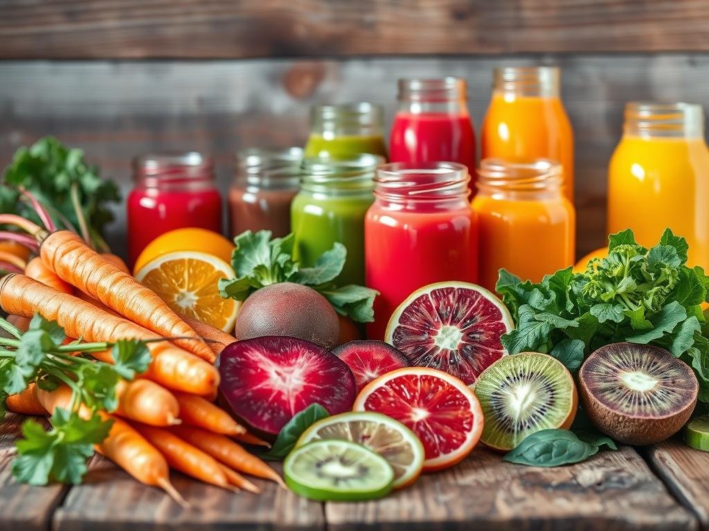 A colorful and vibrant still life composition featuring an assortment of fresh, functional juices arranged on a rustic wooden table. In the foreground, an array of vibrant fruits and vegetables - carrots, beets, oranges, kiwis, and leafy greens - are artfully sliced and positioned, their juices spilling out in a visually appealing manner. The middle ground showcases a selection of glass jars filled with the freshly extracted juices, their colors ranging from deep reds and greens to bright yellows and oranges. Soft, natural lighting illuminates the scene, casting gentle shadows and highlights that accentuate the textures and hues of the ingredients. The overall mood is one of health, vitality, and the goodness of nature's bounty, perfectly capturing the essence of "Sucos funcionais para imunidade". Uma composição de natureza morta colorida e vibrante, com uma variedade de sucos frescos e funcionais dispostos sobre uma mesa rústica de madeira. Em primeiro plano, uma variedade de frutas e vegetais vibrantes – cenouras, beterrabas, laranjas, kiwis e folhas verdes – são artisticamente fatiados e posicionados, com seus sucos se espalhando de forma visualmente atraente. O plano central exibe uma seleção de potes de vidro cheios de sucos recém-extraídos, cujas cores variam de vermelhos e verdes intensos a amarelos e laranjas vibrantes. Uma iluminação suave e natural ilumina a cena, projetando sombras e realces suaves que acentuam as texturas e os tons dos ingredientes. O clima geral é de saúde, vitalidade e a bondade da natureza, capturando perfeitamente a essência de "Sucos eficientes para a imunidade".