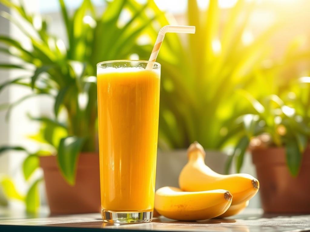 A delightful mango and banana energizing smoothie, poured into a tall glass with a straw, set against a bright, sun-drenched background. The vibrant orange and yellow hues of the fruit leap out, complemented by the lush green foliage of potted plants or a tropical plant-filled setting. Sunlight filters through the glass, creating a warm, inviting glow. The overall mood is one of refreshment, vitality, and a surge of natural energy - the perfect illustration for a section on invigorating fruit smoothies. A delightful mango and banana energizing smoothie, poured into a tall glass with a straw, set against a bright, sun-drenched background. The vibrant orange and yellow hues of the fruit leap out, complemented by the lush green foliage of potted plants or a tropical plant-filled setting. Sunlight filters through the glass, creating a warm, inviting glow. The overall mood is one of refreshment, vitality, and a surge of natural energy - the perfect illustration for a section on invigorating fruit smoothies.