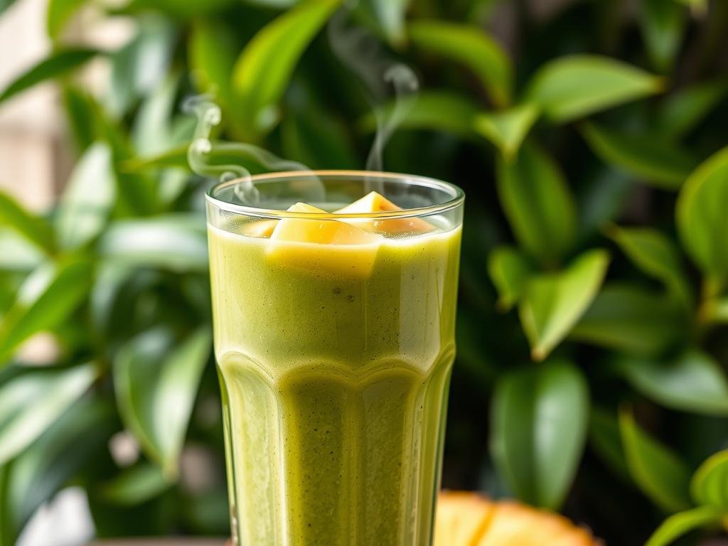 A freshly blended, vibrant green smoothie with chunks of juicy pineapple floating atop, set against a backdrop of lush, verdant foliage. The smooth, creamy texture of the drink is illuminated by soft, natural lighting, hinting at the healthful, invigorating properties within. Delicate tendrils of steam rise from the glass, carrying the fragrant aroma of premium, high-quality green tea. The overall composition exudes a sense of vitality and wellness, inviting the viewer to experience the revitalizing qualities of this pineapple and green tea weight-loss elixir. A freshly blended, vibrant green smoothie with chunks of juicy pineapple floating atop, set against a backdrop of lush, verdant foliage. The smooth, creamy texture of the drink is illuminated by soft, natural lighting, hinting at the healthful, invigorating properties within. Delicate tendrils of steam rise from the glass, carrying the fragrant aroma of premium, high-quality green tea. The overall composition exudes a sense of vitality and wellness, inviting the viewer to experience the revitalizing qualities of this pineapple and green tea weight-loss elixir.