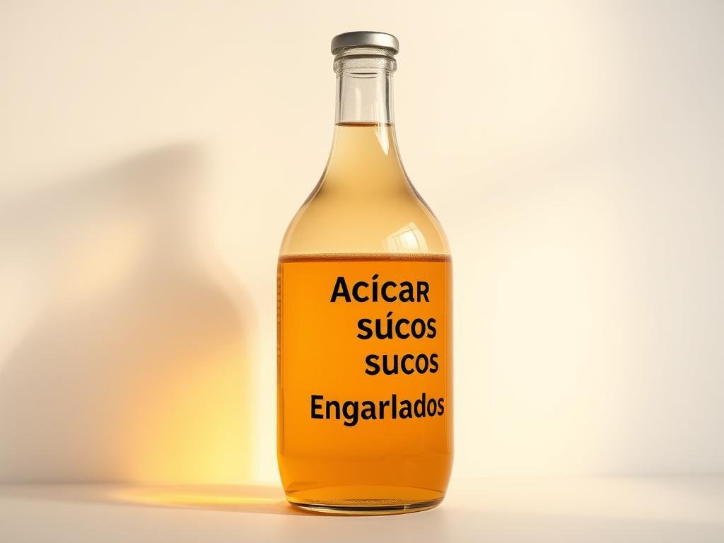 A glass bottle filled with a clear, golden liquid, its label prominently displaying the words "Açúcar em Sucos Engarrafados". The bottle is set against a clean, minimalist backdrop, accentuating its simplicity. Soft, directional lighting casts a warm glow, highlighting the bottle's curves and the liquid's transparency. The scene conveys a sense of purity and transparency, inviting the viewer to consider the contents of the bottle and the potential hidden sugars within. The overall composition is sleek, modern, and visually striking, drawing the eye to the bottle and its suggestive message. Uma garrafa de vidro cheia de um líquido transparente e dourado, com o rótulo exibindo em destaque as palavras "Açúcar em Sucos Engarrafados". A garrafa está posicionada em um fundo limpo e minimalista, acentuando sua simplicidade. Uma iluminação suave e direcional projeta um brilho aconchegante, destacando as curvas da garrafa e a transparência do líquido. A cena transmite uma sensação de pureza e transparência, convidando o espectador a considerar o conteúdo da garrafa e os possíveis açúcares ocultos em seu interior. A composição geral é elegante, moderna e visualmente marcante, atraindo o olhar para a garrafa e sua mensagem sugestiva.