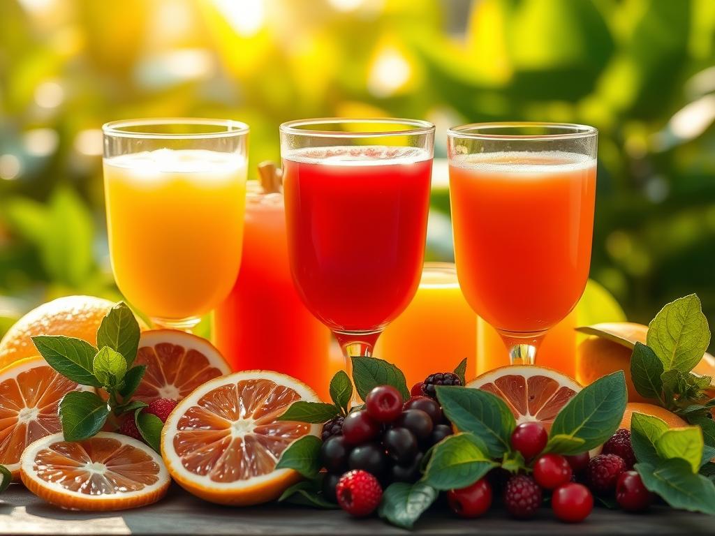 A luscious still life of vibrant, freshly squeezed fruit juices in elegant glassware, bathed in warm, golden natural lighting and arranged against a soft, blurred background of leafy greens. The juices glisten with translucent, jewel-like hues, conveying the pure, unadulterated essence of nature's bounty. Sliced citrus fruits, deep red berries, and verdant leafy greens frame the scene, evoking a sense of vitality and health. The composition is balanced and visually appealing, drawing the viewer's attention to the nourishing, restorative power of these natural elixirs. A luscious still life of vibrant, freshly squeezed fruit juices in elegant glassware, bathed in warm, golden natural lighting and arranged against a soft, blurred background of leafy greens. The juices glisten with translucent, jewel-like hues, conveying the pure, unadulterated essence of nature's bounty. Sliced citrus fruits, deep red berries, and verdant leafy greens frame the scene, evoking a sense of vitality and health. The composition is balanced and visually appealing, drawing the viewer's attention to the nourishing, restorative power of these natural elixirs.
