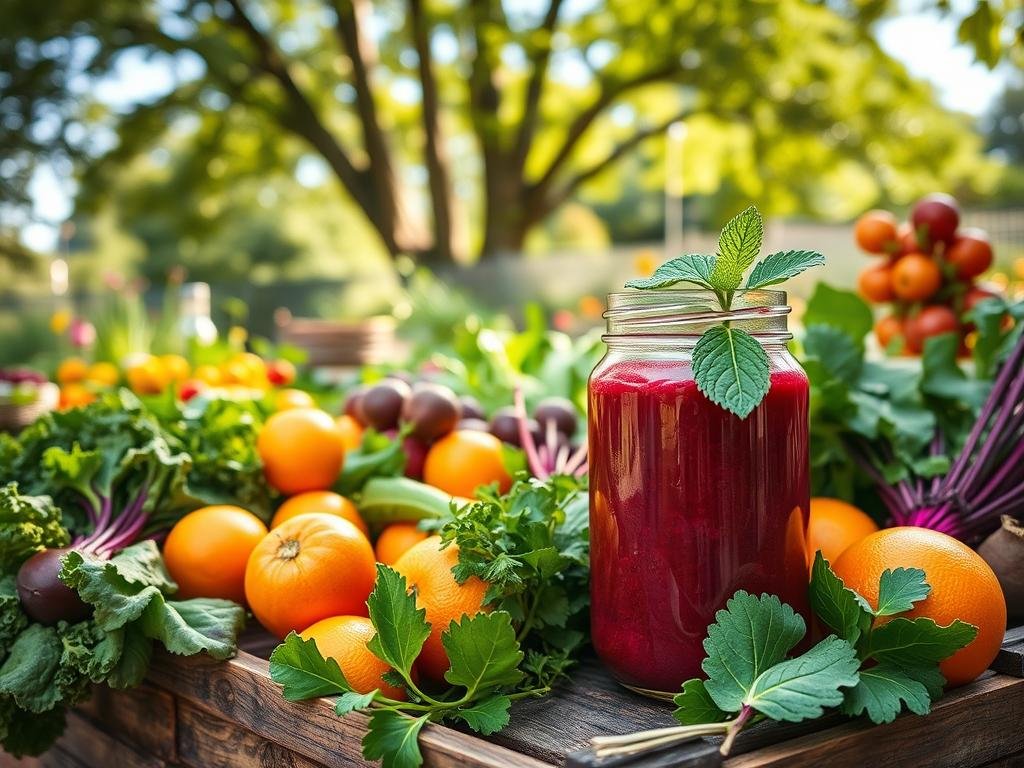 A lush, verdant garden bursting with vibrant, freshly picked fruits and vegetables. In the foreground, an array of juicy, ripe produce - crisp kale, earthy beets, bright oranges, and fragrant herbs - arranged in a rustic wooden crate. In the middle ground, a sleek, minimalist glass jar filled with a rich, jewel-toned smoothie, garnished with a sprig of mint. The background features a sun-dappled outdoor setting, with a soothing, natural light filtering through the leaves of towering trees. The overall scene conveys a sense of health, vitality, and rejuvenation, perfectly capturing the essence of "Sucos Detox para Recuperação Muscular". A lush, verdant garden bursting with vibrant, freshly picked fruits and vegetables. In the foreground, an array of juicy, ripe produce - crisp kale, earthy beets, bright oranges, and fragrant herbs - arranged in a rustic wooden crate. In the middle ground, a sleek, minimalist glass jar filled with a rich, jewel-toned smoothie, garnished with a sprig of mint. The background features a sun-dappled outdoor setting, with a soothing, natural light filtering through the leaves of towering trees. The overall scene conveys a sense of health, vitality, and rejuvenation, perfectly capturing the essence of "Sucos Detox para Recuperação Muscular".
