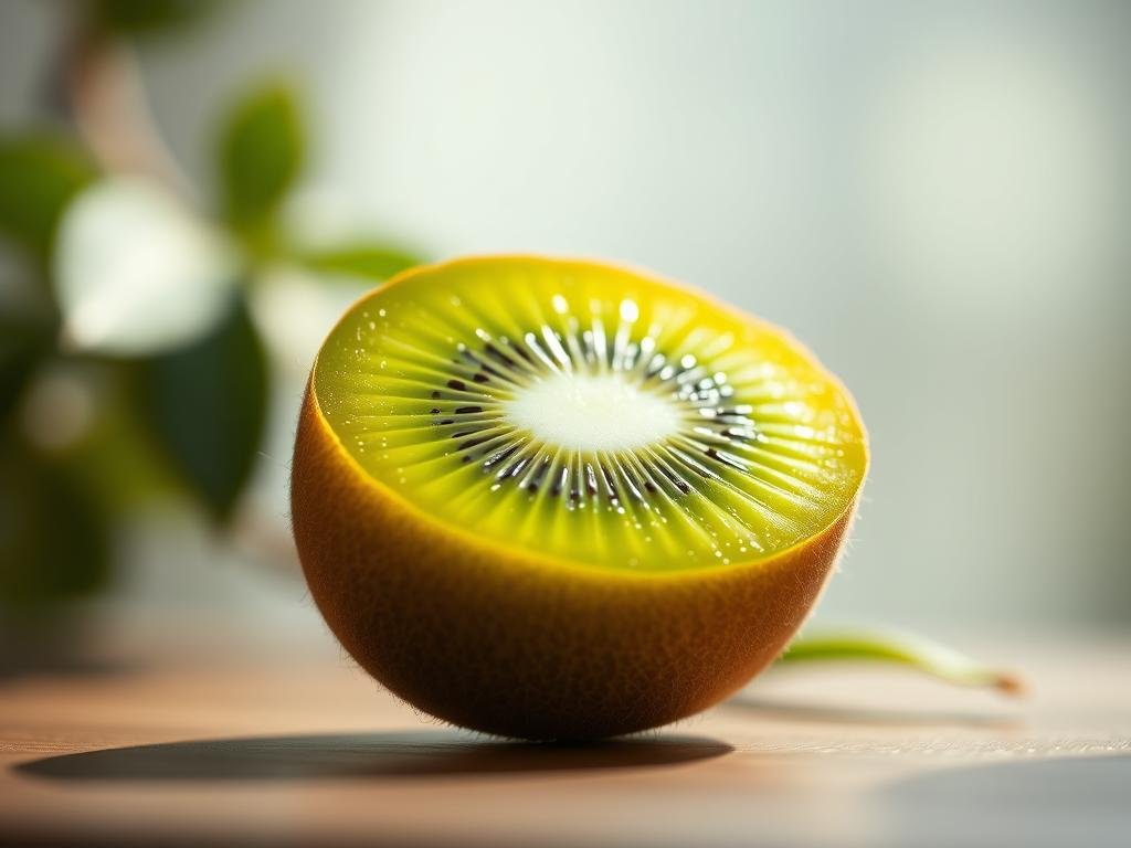A lush, vibrant kiwi fruit bursting with vivid green flesh, positioned prominently in the foreground against a soft, blurred background. The lighting is natural and diffused, casting a gentle glow on the delicate skin of the fruit. The image is captured with a shallow depth of field, allowing the kiwi to stand out in sharp focus while the surroundings fade into a dreamlike, ethereal setting. The overall mood is one of youthful radiance and natural wellness, inviting the viewer to experience the revitalizing properties of the kiwi juice. Um kiwi exuberante e vibrante, com polpa verde-vivo, posicionado com destaque em primeiro plano contra um fundo suave e desfocado. A iluminação é natural e difusa, lançando um brilho suave sobre a delicada casca da fruta. A imagem é capturada com baixa profundidade de campo, permitindo que o kiwi se destaque com foco nítido enquanto o ambiente se transforma em um cenário onírico e etéreo. O clima geral é de radiância juvenil e bem-estar natural, convidando o observador a experimentar as propriedades revitalizantes do suco de kiwi.