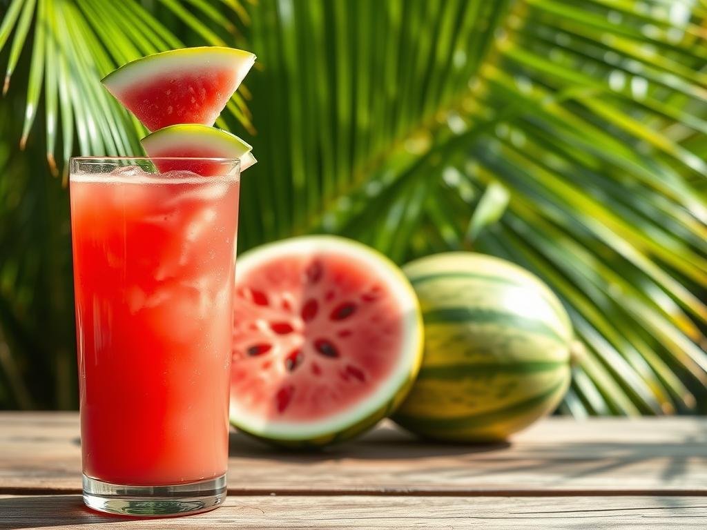 A refreshing and vibrant detox drink composed of freshly blended watermelon and coconut water. In the foreground, a glass filled with the bright pink-red hue of the watermelon juice, garnished with a thin slice of the fruit. In the middle ground, a wooden surface holding a half-sliced watermelon, its juicy flesh glistening under soft, natural lighting. In the background, a lush, tropical setting with verdant palm leaves swaying gently. The overall scene exudes a sense of health, vitality, and a cooling, summertime atmosphere. A refreshing and vibrant detox drink composed of freshly blended watermelon and coconut water. In the foreground, a glass filled with the bright pink-red hue of the watermelon juice, garnished with a thin slice of the fruit. In the middle ground, a wooden surface holding a half-sliced watermelon, its juicy flesh glistening under soft, natural lighting. In the background, a lush, tropical setting with verdant palm leaves swaying gently. The overall scene exudes a sense of health, vitality, and a cooling, summertime atmosphere.