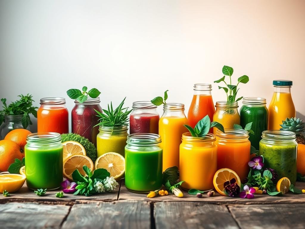 A serene and tranquil scene depicting an assortment of vibrant, freshly blended detox juices arranged on a rustic wooden table. The foreground showcases a variety of glass jars and bottles filled with vivid green, orange, and purple hues, representing a harmonious blend of nutrient-rich fruits and vegetables. Surrounding the juices are various garnishes, such as sliced citrus, leafy greens, and edible flowers, adding a touch of natural elegance. The middle ground features a clean, minimalist backdrop, allowing the detox juices to take center stage. Soft, diffused lighting from above casts a warm, natural glow, creating a calming and inviting atmosphere. The overall composition emphasizes the purity, vitality, and restorative power of these detox elixirs, perfectly capturing the essence of "Sucos Detox para Desintoxicação da Pele." A serene and tranquil scene depicting an assortment of vibrant, freshly blended detox juices arranged on a rustic wooden table. The foreground showcases a variety of glass jars and bottles filled with vivid green, orange, and purple hues, representing a harmonious blend of nutrient-rich fruits and vegetables. Surrounding the juices are various garnishes, such as sliced citrus, leafy greens, and edible flowers, adding a touch of natural elegance. The middle ground features a clean, minimalist backdrop, allowing the detox juices to take center stage. Soft, diffused lighting from above casts a warm, natural glow, creating a calming and inviting atmosphere. The overall composition emphasizes the purity, vitality, and restorative power of these detox elixirs, perfectly capturing the essence of "Sucos Detox para Desintoxicação da Pele."