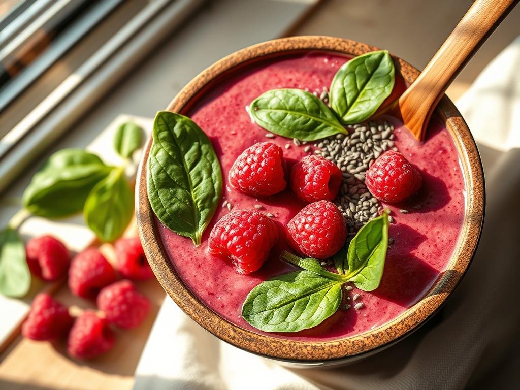 A smoothie bowl filled with vibrant raspberry puree, fresh spinach leaves, and a sprinkle of chia seeds. Sunlight filters through a window, casting a warm glow on the scene. The smoothie is served in a rustic ceramic bowl, complemented by a wooden spoon. The overall composition evokes a sense of health, vitality, and the soothing tranquility of a detox ritual. The image has a soft, natural focus, emphasizing the textures and colors of the ingredients. A minimalist, yet inviting aesthetic that perfectly captures the essence of a raspberry and spinach smoothie for weight loss. A smoothie bowl filled with vibrant raspberry puree, fresh spinach leaves, and a sprinkle of chia seeds. Sunlight filters through a window, casting a warm glow on the scene. The smoothie is served in a rustic ceramic bowl, complemented by a wooden spoon. The overall composition evokes a sense of health, vitality, and the soothing tranquility of a detox ritual. The image has a soft, natural focus, emphasizing the textures and colors of the ingredients. A minimalist, yet inviting aesthetic that perfectly captures the essence of a raspberry and spinach smoothie for weight loss.