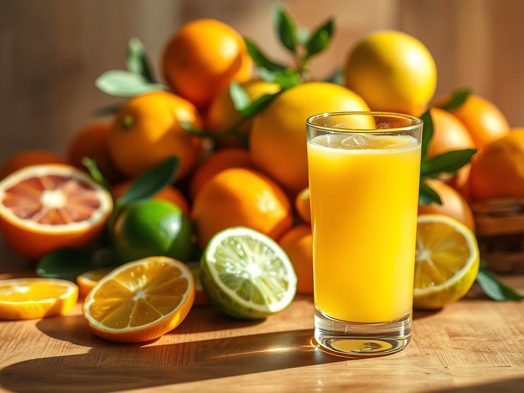 A still life of various citrus fruits arranged on a wooden table, with a glass of fresh citrus juice in the foreground. The lighting is soft and warm, casting gentle shadows across the scene. The fruits, such as oranges, lemons, and limes, are vibrant and juicy, their colors and textures captured in detailed realism. The background is slightly blurred, creating a sense of depth and focus on the refreshing, healthy-looking juice. The overall composition and mood convey the idea of a nourishing, digestive-friendly citrus beverage. Uma natureza-morta com diversas frutas cítricas dispostas sobre uma mesa de madeira, com um copo de suco cítrico fresco em primeiro plano. A iluminação é suave e aconchegante, projetando sombras suaves sobre a cena. As frutas, como laranjas, limões e limas, são vibrantes e suculentas, com suas cores e texturas capturadas com realismo detalhado. O fundo é levemente desfocado, criando uma sensação de profundidade e foco no suco refrescante e de aparência saudável. A composição geral e o clima transmitem a ideia de uma bebida cítrica nutritiva e digestiva.