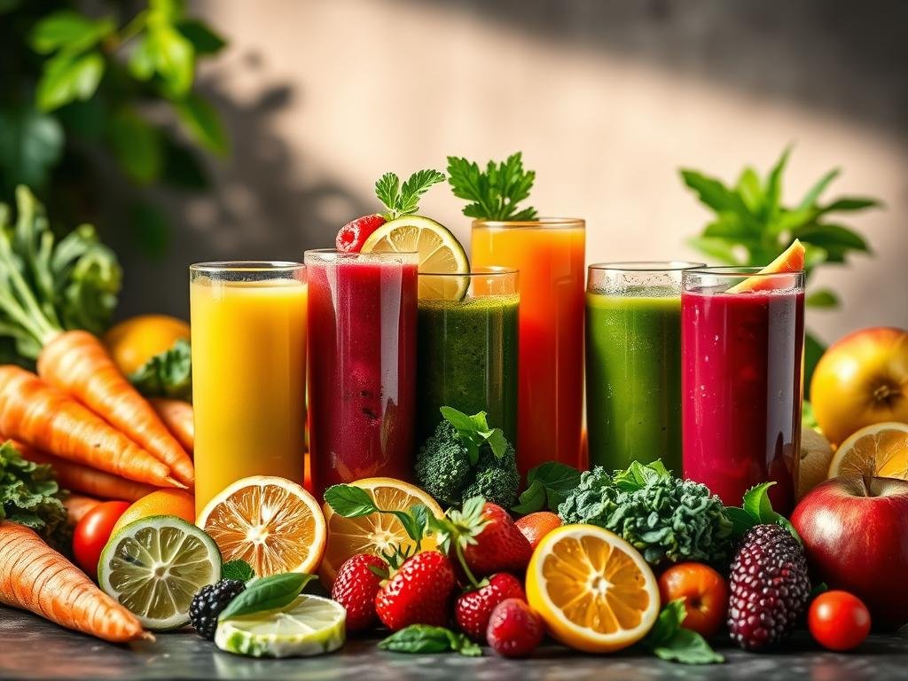 A vibrant and lush still life capturing the "Sucos detox antienvelhecimento" (Anti-Aging Detox Juices). In the foreground, an array of freshly pressed juices in tall glasses, their colors ranging from deep greens to vibrant reds and oranges. Slices of citrus, leafy greens, and vibrant berries spill out, hinting at the natural goodness within. The middle ground features an assortment of whole fruits and vegetables - carrots, kale, apples, and more - arranged in an aesthetically pleasing manner. In the background, a soft, diffused light illuminates the scene, casting a warm, rejuvenating glow. The overall mood is one of vitality, health, and the restorative power of nature's bounty. Segredo da Juventude? Veja os Sucos Naturais que Combatem o Envelhecimento