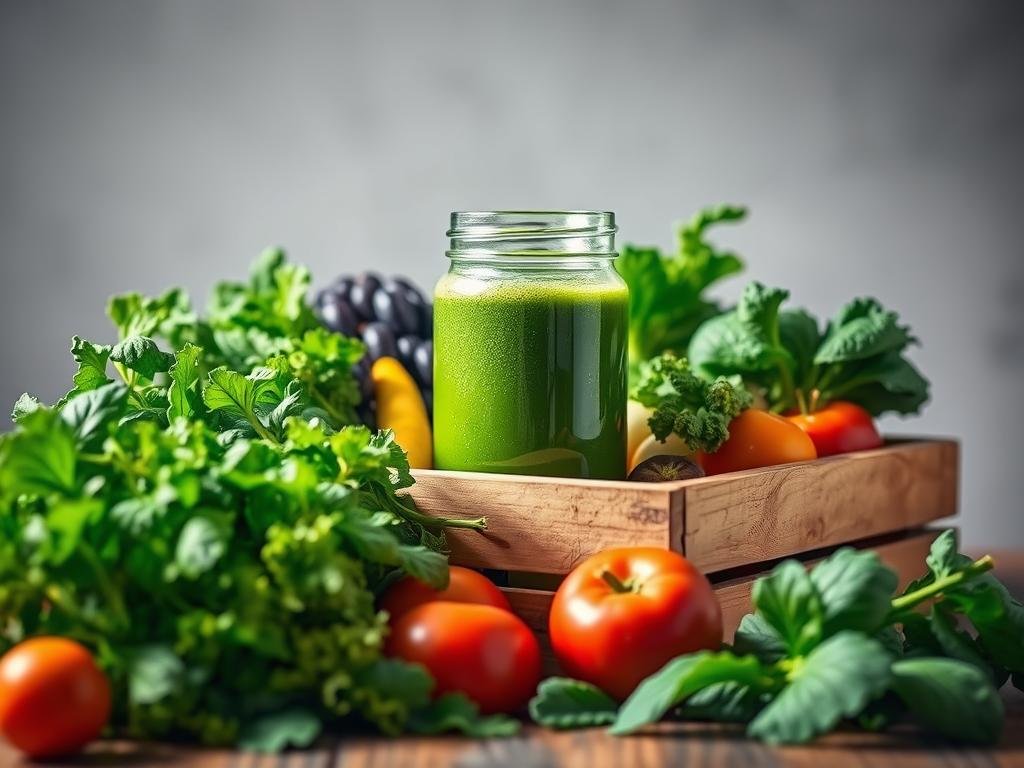 A vibrant and verdant still life capturing the essence of healthy green juices. In the foreground, an array of freshly picked leafy greens, crisp vegetables, and bright fruits arranged in a rustic wooden crate, illuminated by soft, natural lighting. In the middle ground, a glass jar filled with a lush, emerald-hued liquid, its surface glistening. The background features a simple, minimalist backdrop, allowing the vibrant colors and textures of the ingredients to take center stage. The overall composition conveys a sense of nourishment, vitality, and the pure, unadulterated goodness of nature's bounty. Subtle, earthy tones and a soothing, calming atmosphere invite the viewer to savor the healthful, rejuvenating properties of these green elixirs. Suco Verde: Desvende os Segredos da Saúde.