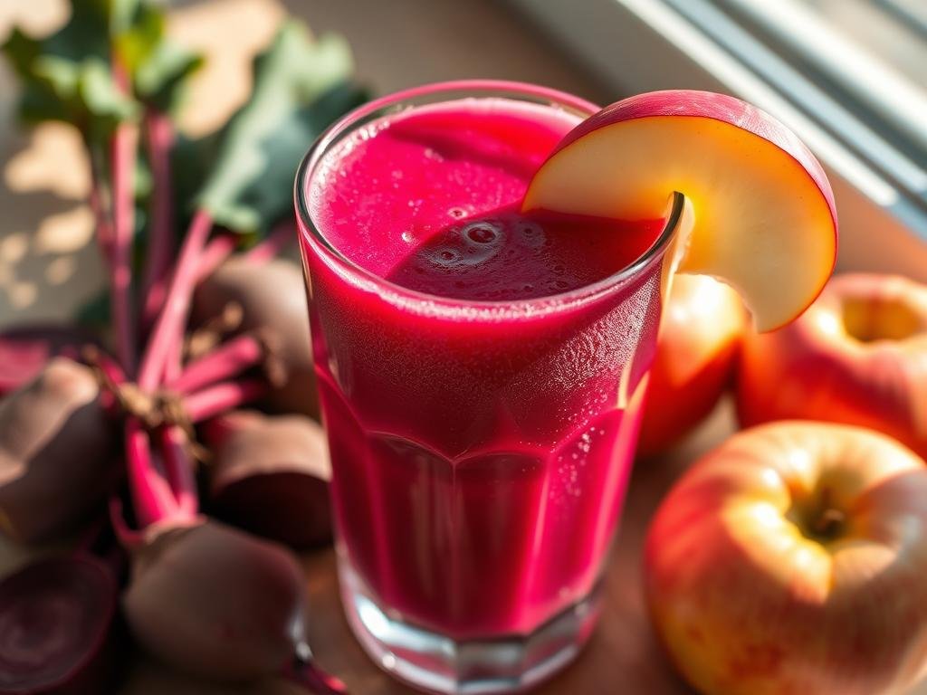 A vibrant, appetizing smoothie made with fresh, vibrant beets and crisp, juicy apples. The deep, earthy tones of the beets are balanced by the tangy sweetness of the apples, creating a harmonious blend of flavors. Sunlight dances across the surface of the drink, highlighting its rich, velvety texture. The glass is frosted, adding a refreshing coolness to the scene. Slices of beet and apple garnish the rim, beckoning the viewer to take a sip and enjoy the invigorating, vitamin-packed concoction. A sense of health and vitality radiates from the image, inviting the viewer to savor this nutritious, energizing beverage. Um smoothie vibrante e apetitoso feito com beterrabas frescas e vibrantes e maçãs crocantes e suculentas. Os tons profundos e terrosos das beterrabas são equilibrados pela doçura ácida das maçãs, criando uma mistura harmoniosa de sabores. A luz do sol dança sobre a superfície da bebida, destacando sua textura rica e aveludada. O copo é fosco, adicionando um toque refrescante à cena. Fatias de beterraba e maçã decoram a borda, convidando o espectador a tomar um gole e apreciar a mistura revigorante e rica em vitaminas. Uma sensação de saúde e vitalidade irradia da imagem, convidando o espectador a saborear esta bebida nutritiva e energizante.