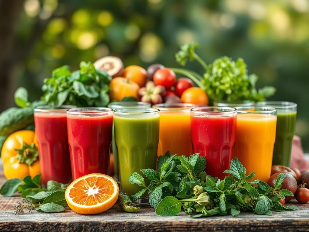 A vibrant arrangement of various natural fruit juices, meticulously displayed on a rustic wooden table. In the foreground, an assortment of freshly squeezed juices in clear glasses, their vivid colors ranging from deep crimson to vibrant orange and refreshing green. The middle ground showcases the vibrant, organic produce used to create these nourishing beverages, including whole fruits, leafy greens, and fragrant herbs. The background features a softly blurred, natural setting, conveying a sense of tranquility and wholesomeness. Soft, natural lighting casts a warm glow over the scene, highlighting the richness and vitality of the natural ingredients. The overall composition evokes a sense of health, wellness, and the pure pleasure of enjoying nature's bounty. A vibrant arrangement of various natural fruit juices, meticulously displayed on a rustic wooden table. In the foreground, an assortment of freshly squeezed juices in clear glasses, their vivid colors ranging from deep crimson to vibrant orange and refreshing green. The middle ground showcases the vibrant, organic produce used to create these nourishing beverages, including whole fruits, leafy greens, and fragrant herbs. The background features a softly blurred, natural setting, conveying a sense of tranquility and wholesomeness. Soft, natural lighting casts a warm glow over the scene, highlighting the richness and vitality of the natural ingredients. The overall composition evokes a sense of health, wellness, and the pure pleasure of enjoying nature's bounty.