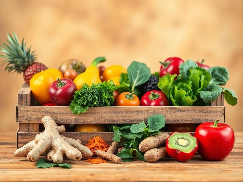 A vibrant array of fresh fruits and vegetables arranged in a rustic, wooden crate against a warm, natural background. In the foreground, a selection of digestive-friendly ingredients like ginger, turmeric, and leafy greens. The crate is positioned on a wooden table, with a soft, diffused lighting illuminating the scene. The overall composition conveys a sense of health, vitality, and the restorative power of natural, functional ingredients for the digestive system. Uma vibrante variedade de frutas e vegetais frescos dispostos em uma caixa de madeira rústica, sobre um fundo aconchegante e natural. Em primeiro plano, uma seleção de ingredientes digestivos, como gengibre, cúrcuma e folhas verdes. A caixa está posicionada sobre uma mesa de madeira, com uma iluminação suave e difusa iluminando o ambiente. A composição geral transmite uma sensação de saúde, vitalidade e o poder restaurador de ingredientes naturais e funcionais para o sistema digestivo.