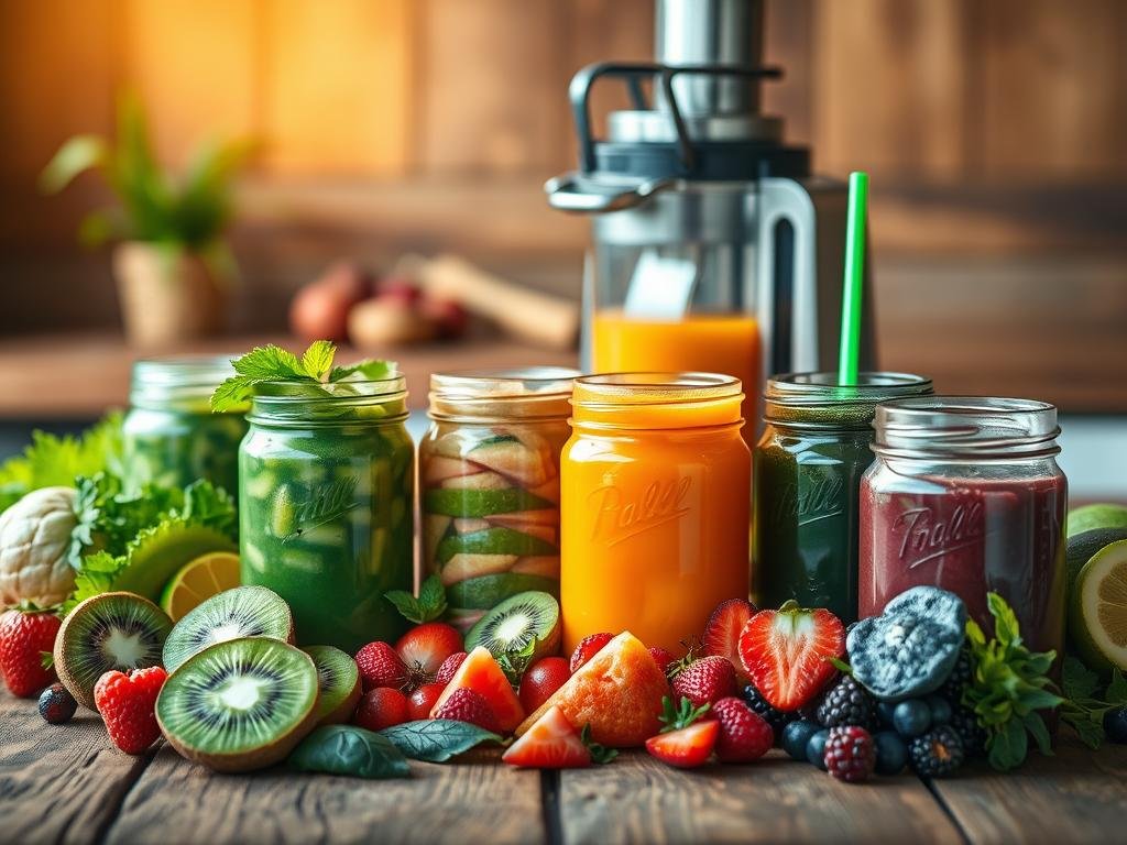 A vibrant array of freshly pressed detox juices, artfully arranged on a rustic wooden table. The foreground features an array of colorful produce - glistening kiwi, vibrant greens, and juicy berries - pouring into a series of glass jars. The middle ground showcases the juicing process, with a sleek stainless steel juicer and a kaleidoscope of chopped fruits and vegetables. The background is bathed in warm, natural lighting, creating a serene, rejuvenating atmosphere. The overall scene evokes a sense of health, vitality, and the science-backed benefits of these expertly crafted detox elixirs. Uma vibrante variedade de sucos detox recém-preparados, artisticamente dispostos sobre uma mesa rústica de madeira. O primeiro plano apresenta uma variedade de produtos coloridos – kiwis brilhantes, verduras vibrantes e frutas vermelhas suculentas – despejados em uma série de potes de vidro. O plano central exibe o processo de extração do suco, com um elegante espremedor de aço inoxidável e um caleidoscópio de frutas e vegetais picados. O fundo é banhado por uma iluminação natural e acolhedora, criando uma atmosfera serena e rejuvenescedora. A cena geral evoca uma sensação de saúde, vitalidade e os benefícios comprovados pela ciência desses elixires detox habilmente elaborados.