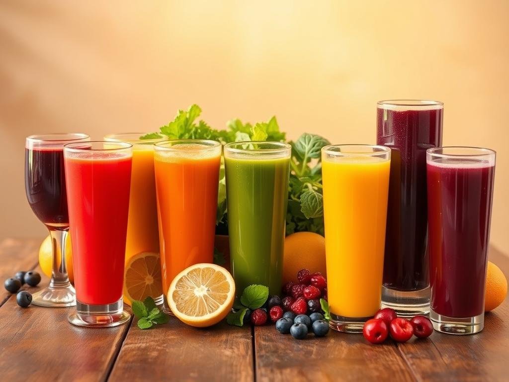 A vibrant array of functional fruit and vegetable juices arranged on a rustic wooden table, illuminated by warm, golden natural lighting. In the foreground, tall glasses filled with various hues of liquids, from deep reds and oranges to vibrant greens and purples, reflecting the diverse health benefits of these functional beverages. In the middle ground, the juices are accompanied by an assortment of fresh produce, such as leafy greens, citrus fruits, and berries, highlighting the wholesome, natural ingredients. The background features a simple, uncluttered setting, allowing the focus to remain on the enticing and nourishing array of functional juices. A vibrant array of functional fruit and vegetable juices arranged on a rustic wooden table, illuminated by warm, golden natural lighting. In the foreground, tall glasses filled with various hues of liquids, from deep reds and oranges to vibrant greens and purples, reflecting the diverse health benefits of these functional beverages. In the middle ground, the juices are accompanied by an assortment of fresh produce, such as leafy greens, citrus fruits, and berries, highlighting the wholesome, natural ingredients. The background features a simple, uncluttered setting, allowing the focus to remain on the enticing and nourishing array of functional juices.