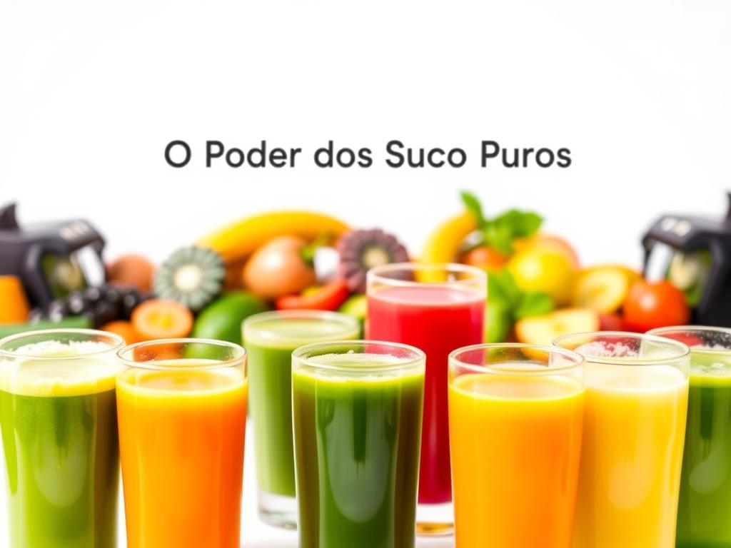 A vibrant assortment of freshly pressed juices against a crisp white background, capturing the essence of "Desintoxicação: O Poder dos Sucos Puros". The foreground features a variety of colorful juices in transparent glasses, their hues ranging from deep greens to vibrant reds and oranges. The middle ground showcases various whole fruits and vegetables, emphasizing the purity and natural origins of the juices. Subtle shadows and soft, diffused lighting create a sense of depth and a clean, inviting atmosphere. The overall composition conveys a feeling of cleansing, rejuvenation, and the power of natural, wholesome ingredients to detoxify the body. A vibrant assortment of freshly pressed juices against a crisp white background, capturing the essence of "Desintoxicação: O Poder dos Sucos Puros". The foreground features a variety of colorful juices in transparent glasses, their hues ranging from deep greens to vibrant reds and oranges. The middle ground showcases various whole fruits and vegetables, emphasizing the purity and natural origins of the juices. Subtle shadows and soft, diffused lighting create a sense of depth and a clean, inviting atmosphere. The overall composition conveys a feeling of cleansing, rejuvenation, and the power of natural, wholesome ingredients to detoxify the body.