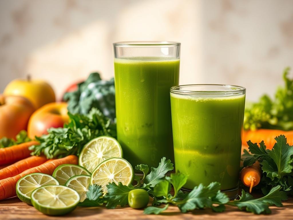 A vibrant, close-up still life composition showcasing an array of fresh, organic detox ingredients. In the foreground, a glass filled with a vibrant green detox juice, surrounded by sliced limes, cucumbers, and leafy greens. In the middle ground, whole fruits and vegetables like apples, carrots, and kale leaves are arranged artfully. The background features a softly blurred, minimalist backdrop, allowing the natural colors and textures of the ingredients to take center stage. Warm, natural lighting casts a gentle glow, enhancing the healthy, rejuvenating essence of the scene. The overall mood is one of purity, vitality, and the restorative power of nature's bounty. A vibrant, close-up still life composition showcasing an array of fresh, organic detox ingredients. In the foreground, a glass filled with a vibrant green detox juice, surrounded by sliced limes, cucumbers, and leafy greens. In the middle ground, whole fruits and vegetables like apples, carrots, and kale leaves are arranged artfully. The background features a softly blurred, minimalist backdrop, allowing the natural colors and textures of the ingredients to take center stage. Warm, natural lighting casts a gentle glow, enhancing the healthy, rejuvenating essence of the scene. The overall mood is one of purity, vitality, and the restorative power of nature's bounty.