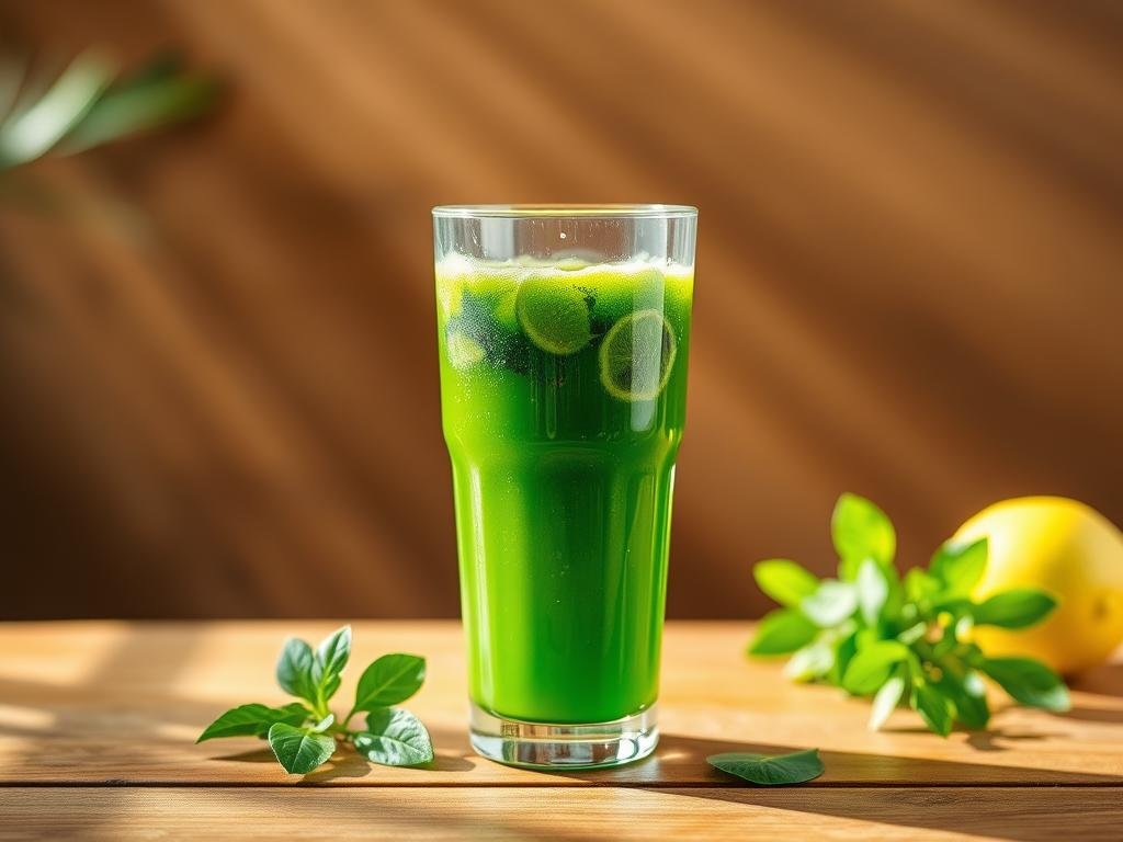 A vibrant, freshly prepared green juice in a clear glass, positioned on a wooden table. The juice is a blend of leafy greens, herbs, and citrus fruits, creating a vivid emerald hue. Beams of soft, natural lighting cast a warm glow across the scene, highlighting the juice's translucent quality and the texture of the wooden surface. The composition is balanced, with the glass placed centrally, allowing the viewer to focus on the detoxifying elixir. The overall mood is one of wellness, vitality, and a sense of rejuvenation, reflecting the section's focus on green juices for bodily cleansing and purification. A vibrant, freshly prepared green juice in a clear glass, positioned on a wooden table. The juice is a blend of leafy greens, herbs, and citrus fruits, creating a vivid emerald hue. Beams of soft, natural lighting cast a warm glow across the scene, highlighting the juice's translucent quality and the texture of the wooden surface. The composition is balanced, with the glass placed centrally, allowing the viewer to focus on the detoxifying elixir. The overall mood is one of wellness, vitality, and a sense of rejuvenation, reflecting the section's focus on green juices for bodily cleansing and purification.