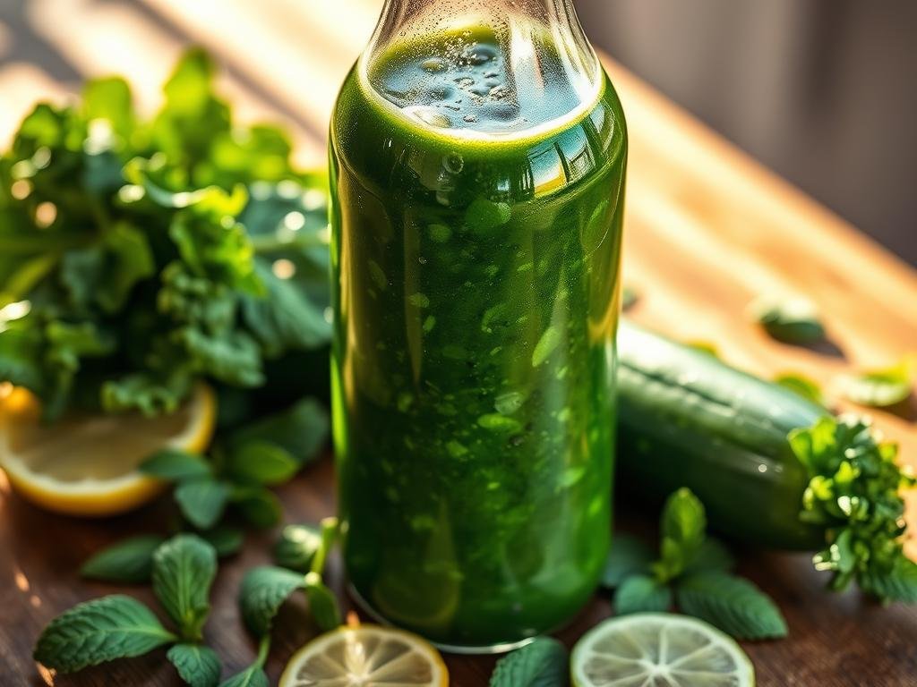 A vibrant, glass bottle filled with a rich, deep green detox juice, its surface glistening with a slight condensation. The liquid is a blend of fresh spinach, kale, cucumber, and apple, exuding a refreshing, earthy aroma. Sunlight filters through the bottle, casting a warm glow and highlighting the vivid colors of the ingredients. The bottle is placed on a wooden table, surrounded by scattered mint leaves and a few slices of lemon, creating a natural, rustic composition. The lighting is soft and diffused, accentuating the wholesome, antioxidant-packed nature of the detox suco. A vibrant, glass bottle filled with a rich, deep green detox juice, its surface glistening with a slight condensation. The liquid is a blend of fresh spinach, kale, cucumber, and apple, exuding a refreshing, earthy aroma. Sunlight filters through the bottle, casting a warm glow and highlighting the vivid colors of the ingredients. The bottle is placed on a wooden table, surrounded by scattered mint leaves and a few slices of lemon, creating a natural, rustic composition. The lighting is soft and diffused, accentuating the wholesome, antioxidant-packed nature of the detox suco.