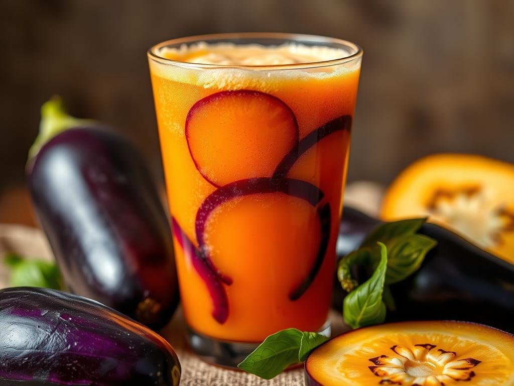 A vibrant glass filled with a luscious, frothy orange-colored beverage, swirled with purple-hued eggplant slices. The liquid shimmers under warm, diffused lighting, casting a soft, inviting glow. The composition is balanced, with the glass positioned centrally and the ingredients artfully arranged to create a visually appealing and appetizing scene. The mood is one of health and vitality, hinting at the restorative and fat-burning properties of this refreshing suco (juice) blend. The camera angle is slightly elevated, providing an enticing, close-up perspective that draws the viewer in and emphasizes the rich, vivid colors and textures of the ingredients. A vibrant glass filled with a luscious, frothy orange-colored beverage, swirled with purple-hued eggplant slices. The liquid shimmers under warm, diffused lighting, casting a soft, inviting glow. The composition is balanced, with the glass positioned centrally and the ingredients artfully arranged to create a visually appealing and appetizing scene. The mood is one of health and vitality, hinting at the restorative and fat-burning properties of this refreshing suco (juice) blend. The camera angle is slightly elevated, providing an enticing, close-up perspective that draws the viewer in and emphasizes the rich, vivid colors and textures of the ingredients.
