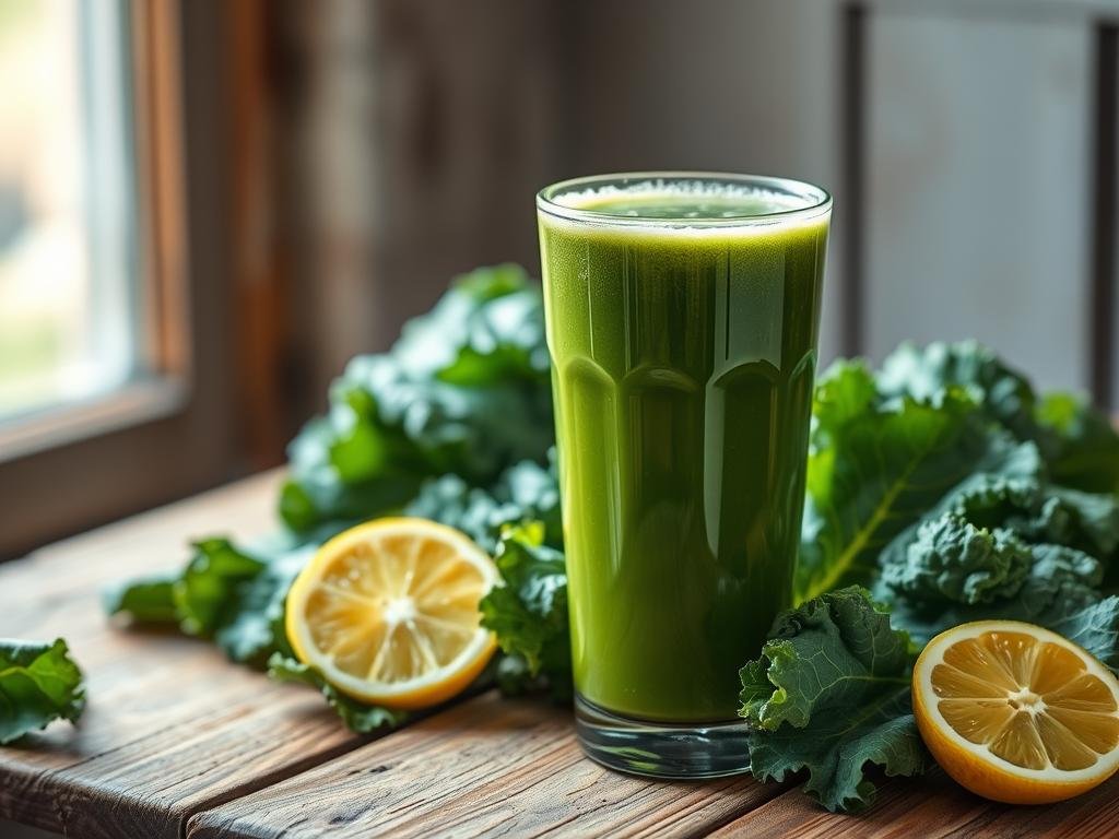 A vibrant glass filled with a rich, verdant kale juice stands prominently on a rustic wooden table, surrounded by fresh kale leaves and slices of lemon. Soft, natural lighting filters through a nearby window, casting a warm, inviting glow on the scene. The liquid appears thick and creamy, with a subtle froth on the surface, hinting at the nutritious and soothing properties of this digestive-aiding elixir. The overall composition evokes a sense of health, wellness, and the restorative power of nature's bounty, perfectly capturing the essence of "Suco de couve para saúde digestiva". Um copo vibrante, cheio de um suco rico e verdejante de couve, destaca-se sobre uma mesa rústica de madeira, cercado por folhas frescas de couve e fatias de limão. Uma luz suave e natural se infiltra por uma janela próxima, lançando um brilho acolhedor e convidativo ao ambiente. O líquido parece espesso e cremoso, com uma espuma sutil na superfície, sugerindo as propriedades nutritivas e calmantes deste elixir digestivo. A composição geral evoca uma sensação de saúde, bem-estar e o poder restaurador da generosidade da natureza, capturando perfeitamente a essência do "Suco de couve para saúde digestiva".