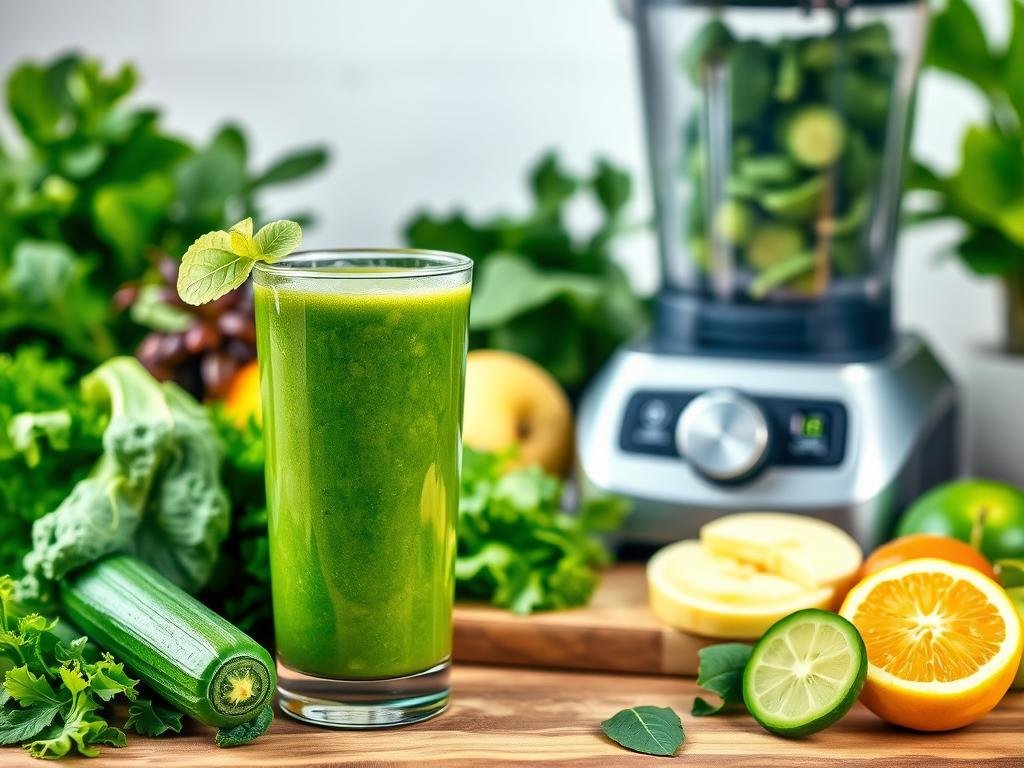 A vibrant, lush still life scene of freshly blended green smoothies, featuring an array of nutrient-rich ingredients. The foreground showcases a glass filled with a vibrant green liquid, complemented by a selection of whole produce - leafy greens, cucumbers, apples, and citrus fruits. The middle ground depicts a wooden cutting board with chopped vegetables and a high-powered blender, suggesting the process of creating these nourishing drinks. The background is softly blurred, emphasizing the focus on the healthy, vibrant green hues. The lighting is natural and diffused, casting a warm, inviting glow on the scene. Captured with a high-resolution camera lens, the image conveys the nutritional benefits and appeal of green juices as part of a balanced, wholesome diet. Nutrição: Fatos Chocantes sobre Sucos