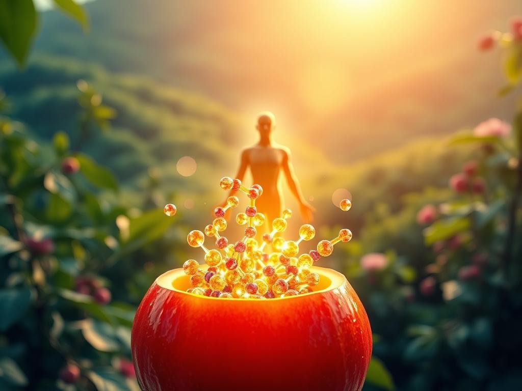 A vibrant, photorealistic illustration showcasing the health benefits of antioxidants. In the foreground, a juicy, ripe fruit burst open, revealing a cluster of glowing, multicolored antioxidant molecules. The middle ground depicts a healthy human figure radiating with vitality, surrounded by a halo of antioxidant particles. In the background, a lush, verdant landscape with flourishing plant life symbolizes the restorative power of antioxidants. The scene is illuminated by warm, diffused lighting, creating a serene, wellness-focused atmosphere. Captured with a wide-angle lens to emphasize the connection between antioxidants and holistic well-being. A vibrant, photorealistic illustration showcasing the health benefits of antioxidants. In the foreground, a juicy, ripe fruit burst open, revealing a cluster of glowing, multicolored antioxidant molecules. The middle ground depicts a healthy human figure radiating with vitality, surrounded by a halo of antioxidant particles. In the background, a lush, verdant landscape with flourishing plant life symbolizes the restorative power of antioxidants. The scene is illuminated by warm, diffused lighting, creating a serene, wellness-focused atmosphere. Captured with a wide-angle lens to emphasize the connection between antioxidants and holistic well-being.
