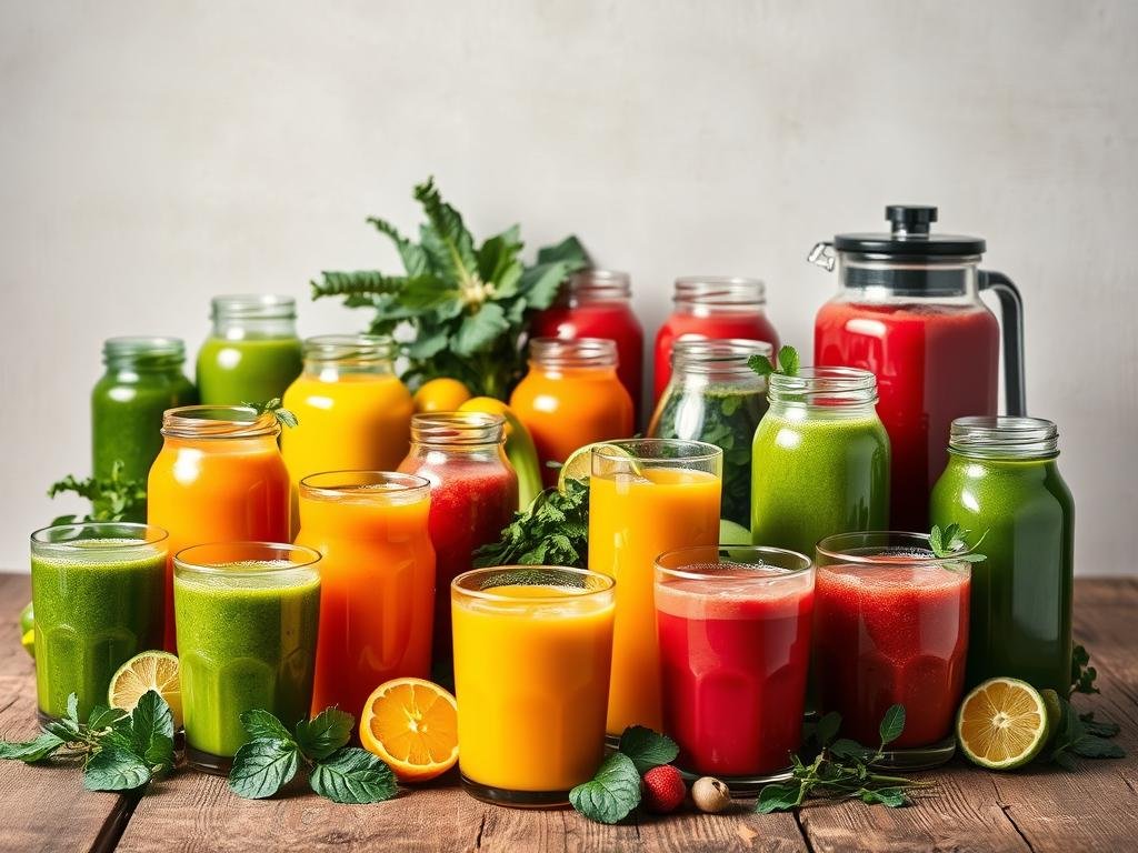 A vibrant still life arrangement featuring an assortment of freshly pressed natural juices and smoothies, arranged on a rustic wooden table against a neutral backdrop. The foreground showcases a variety of colorful glasses and jars filled with various shades of green, orange, and red juices, each with a unique blend of ingredients designed to soothe and aid digestion. The middle ground features leafy greens, fresh fruits, and other natural ingredients used to create these restorative beverages. The lighting is soft and natural, creating a calming, inviting atmosphere. The overall composition is both aesthetically pleasing and evocative of the digestive benefits these wholesome drinks provide. Os Sucos Mais Indicados por Nutricionistas para Melhorar a Digestão