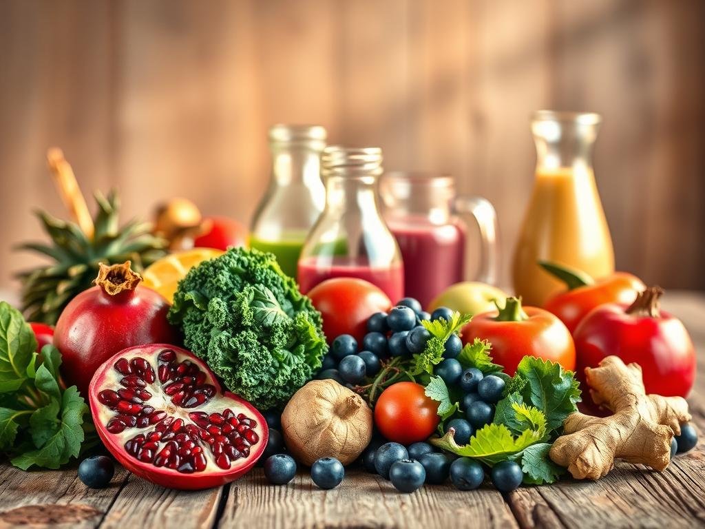 A vibrant still-life arrangement featuring an assortment of superfoods on a rustic wooden table, bathed in warm, golden light. In the foreground, a variety of fruits and vegetables are thoughtfully arranged, including pomegranate, blueberries, kale, and ginger. In the middle ground, glass jugs and smoothie glasses stand ready, hinting at the antioxidant-rich, age-defying elixirs that can be crafted from these ingredients. The background is softly blurred, allowing the viewer to focus on the nourishing bounty. The overall mood is one of vitality, health, and the promise of longevity. A vibrant still-life arrangement featuring an assortment of superfoods on a rustic wooden table, bathed in warm, golden light. In the foreground, a variety of fruits and vegetables are thoughtfully arranged, including pomegranate, blueberries, kale, and ginger. In the middle ground, glass jugs and smoothie glasses stand ready, hinting at the antioxidant-rich, age-defying elixirs that can be crafted from these ingredients. The background is softly blurred, allowing the viewer to focus on the nourishing bounty. The overall mood is one of vitality, health, and the promise of longevity.