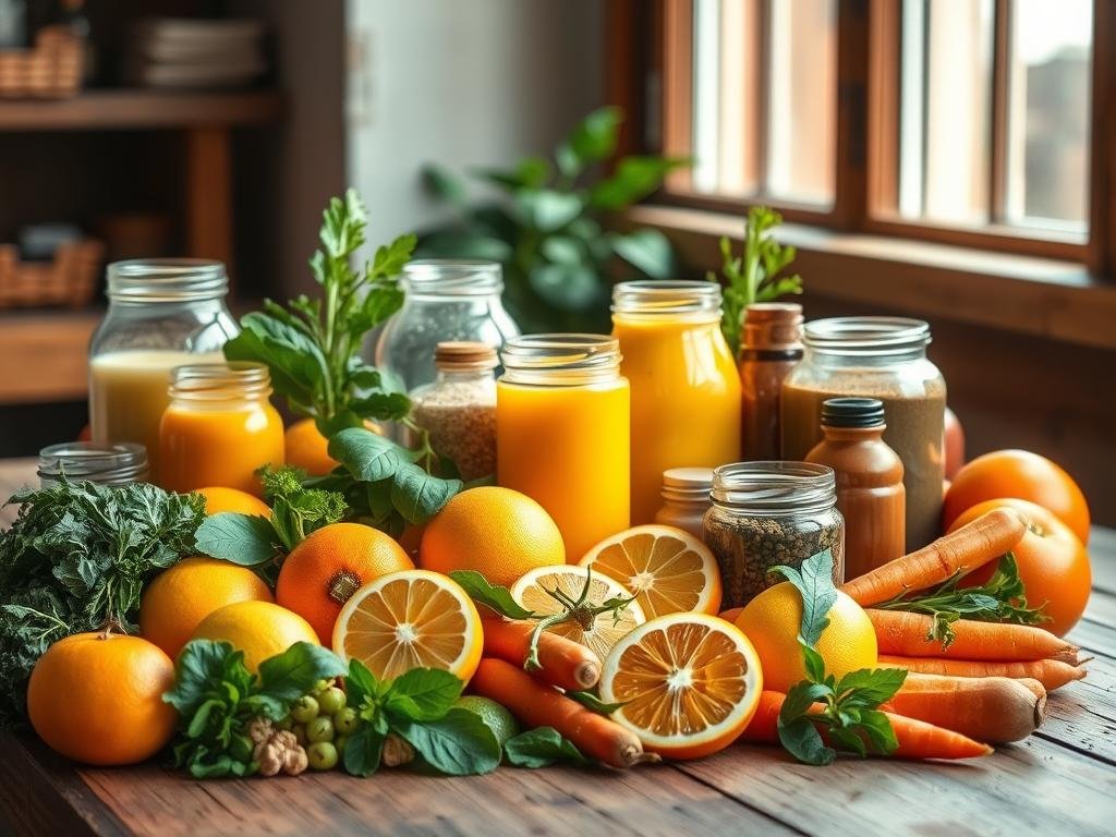 A vibrant still life arrangement showcasing an assortment of functional juices and ingredients for boosting immunity. In the foreground, a variety of fresh, colorful fruits and vegetables are arranged artfully, including oranges, lemons, kiwis, carrots, and leafy greens. Behind them, glass jars filled with various superfood powders and tinctures sit on a rustic wooden table, illuminated by warm, natural lighting from a nearby window. The composition exudes a sense of health, vitality, and the power of nature to support the immune system. The image has a clean, minimalist aesthetic, allowing the nourishing ingredients to take center stage. A vibrant still life arrangement showcasing an assortment of functional juices and ingredients for boosting immunity. In the foreground, a variety of fresh, colorful fruits and vegetables are arranged artfully, including oranges, lemons, kiwis, carrots, and leafy greens. Behind them, glass jars filled with various superfood powders and tinctures sit on a rustic wooden table, illuminated by warm, natural lighting from a nearby window. The composition exudes a sense of health, vitality, and the power of nature to support the immune system. The image has a clean, minimalist aesthetic, allowing the nourishing ingredients to take center stage.