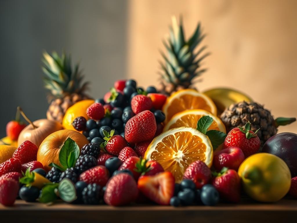 A vibrant still life capturing an array of fresh, juicy fruits arranged with purpose and flair. In the foreground, an enticing blend of berries, citrus, and tropical delights occupy the center stage, their vivid hues and textures popping against a softly blurred background. Muted, natural lighting casts a warm, invigorating glow, evoking a sense of athletic vitality and peak performance. The composition is balanced and visually appealing, guiding the viewer's eye to appreciate the harmonious combination of nourishing, performance-boosting ingredients. An image that inspires and motivates the viewer to unlock their own athletic potential through the power of nature's bounty. A vibrant still life capturing an array of fresh, juicy fruits arranged with purpose and flair. In the foreground, an enticing blend of berries, citrus, and tropical delights occupy the center stage, their vivid hues and textures popping against a softly blurred background. Muted, natural lighting casts a warm, invigorating glow, evoking a sense of athletic vitality and peak performance. The composition is balanced and visually appealing, guiding the viewer's eye to appreciate the harmonious combination of nourishing, performance-boosting ingredients. An image that inspires and motivates the viewer to unlock their own athletic potential through the power of nature's bounty.