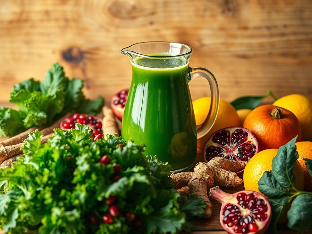 A vibrant still-life composition depicting an assortment of revitalizing ingredients for anti-aging juices. In the foreground, an array of fresh, organic produce - glowing green kale, ruby-red pomegranate seeds, golden turmeric roots, and juicy citrus fruits. In the middle ground, a vintage glass pitcher overflows with a lush, emerald-hued juice, casting a soft, natural light across the scene. The background is a warm, rustic wooden surface, complemented by soothing, earthy tones. The lighting is soft and diffused, accentuating the vibrant colors and textures of the ingredients. The overall mood is one of health, vitality, and natural rejuvenation. Uma vibrante composição de natureza-morta retratando uma variedade de ingredientes revitalizantes para sucos antienvelhecimento. Em primeiro plano, uma variedade de produtos frescos e orgânicos – couve verde brilhante, sementes de romã vermelho-rubi, raízes de cúrcuma douradas e frutas cítricas suculentas. No centro, uma jarra de vidro vintage transborda com um suco exuberante em tom esmeralda, lançando uma luz suave e natural sobre a cena. O fundo é uma superfície de madeira rústica e aconchegante, complementada por tons terrosos suaves. A iluminação é suave e difusa, acentuando as cores e texturas vibrantes dos ingredientes. O clima geral é de saúde, vitalidade e rejuvenescimento natural.