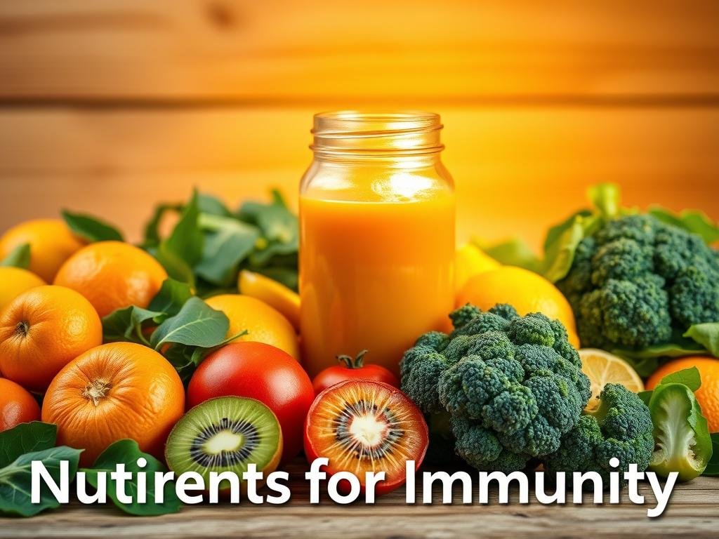 A vibrant still life depicting the "Nutrients for Immunity" theme. In the foreground, an assortment of fresh, colorful fruits and vegetables - oranges, lemons, kiwis, spinach, and broccoli - symbolizing the essential vitamins and minerals that support a strong immune system. The middle ground features a glass jar filled with a blend of juices or a smoothie, casting warm, golden light across the scene. In the background, a wooden table or rustic surface provides a natural, earthy backdrop, emphasizing the organic, wholesome nature of the ingredients. The lighting is soft and diffused, creating a soothing, nourishing atmosphere. The composition is balanced and visually appealing, inviting the viewer to appreciate the health benefits of these nutritious foods. Como Fortalecer sua Imunidade com Sucos Funcionais e Naturais