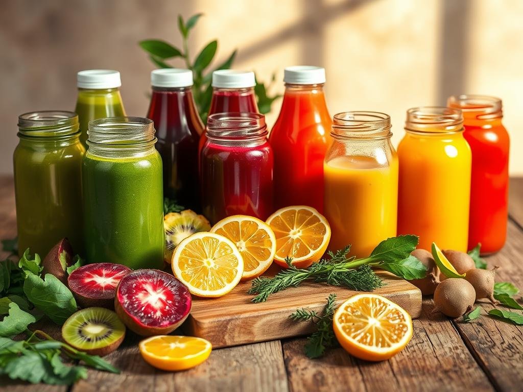 A vibrant still life of fresh, colorful detox juices arranged on a rustic wooden surface. In the foreground, an array of juices in glass bottles or mason jars, their vibrant hues ranging from deep greens to vibrant reds and oranges. Sliced fruits and vegetables such as kiwi, pineapple, beets, and leafy greens surround the bottles, adding texture and natural elements. The middle ground features a wooden cutting board with halved citrus fruits and sprigs of herbs, evoking a sense of homemade, artisanal preparation. Soft, warm lighting casts gentle shadows, creating a cozy, inviting atmosphere. The background is blurred, allowing the juices and produce to take center stage and radiate a sense of health, wellness, and transformative energy. A vibrant still life of fresh, colorful detox juices arranged on a rustic wooden surface. In the foreground, an array of juices in glass bottles or mason jars, their vibrant hues ranging from deep greens to vibrant reds and oranges. Sliced fruits and vegetables such as kiwi, pineapple, beets, and leafy greens surround the bottles, adding texture and natural elements. The middle ground features a wooden cutting board with halved citrus fruits and sprigs of herbs, evoking a sense of homemade, artisanal preparation. Soft, warm lighting casts gentle shadows, creating a cozy, inviting atmosphere. The background is blurred, allowing the juices and produce to take center stage and radiate a sense of health, wellness, and transformative energy.