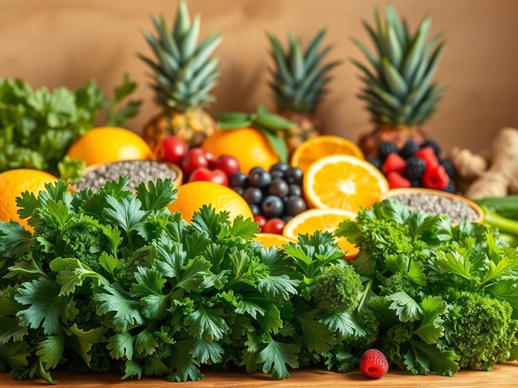 A vibrant still life showcasing a variety of fresh, organic ingredients for an energizing detox smoothie. In the foreground, a mix of leafy greens, including kale, spinach, and parsley, are arranged artfully. In the middle ground, an assortment of vibrant fruits such as oranges, pineapple, and berries are displayed. In the background, a selection of superfoods, such as chia seeds, ginger, and turmeric, are positioned to complement the overall composition. The lighting is natural and warm, casting a soft glow on the scene. The image conveys a sense of vitality, nourishment, and a healthful lifestyle. A vibrant still life showcasing a variety of fresh, organic ingredients for an energizing detox smoothie. In the foreground, a mix of leafy greens, including kale, spinach, and parsley, are arranged artfully. In the middle ground, an assortment of vibrant fruits such as oranges, pineapple, and berries are displayed. In the background, a selection of superfoods, such as chia seeds, ginger, and turmeric, are positioned to complement the overall composition. The lighting is natural and warm, casting a soft glow on the scene. The image conveys a sense of vitality, nourishment, and a healthful lifestyle.