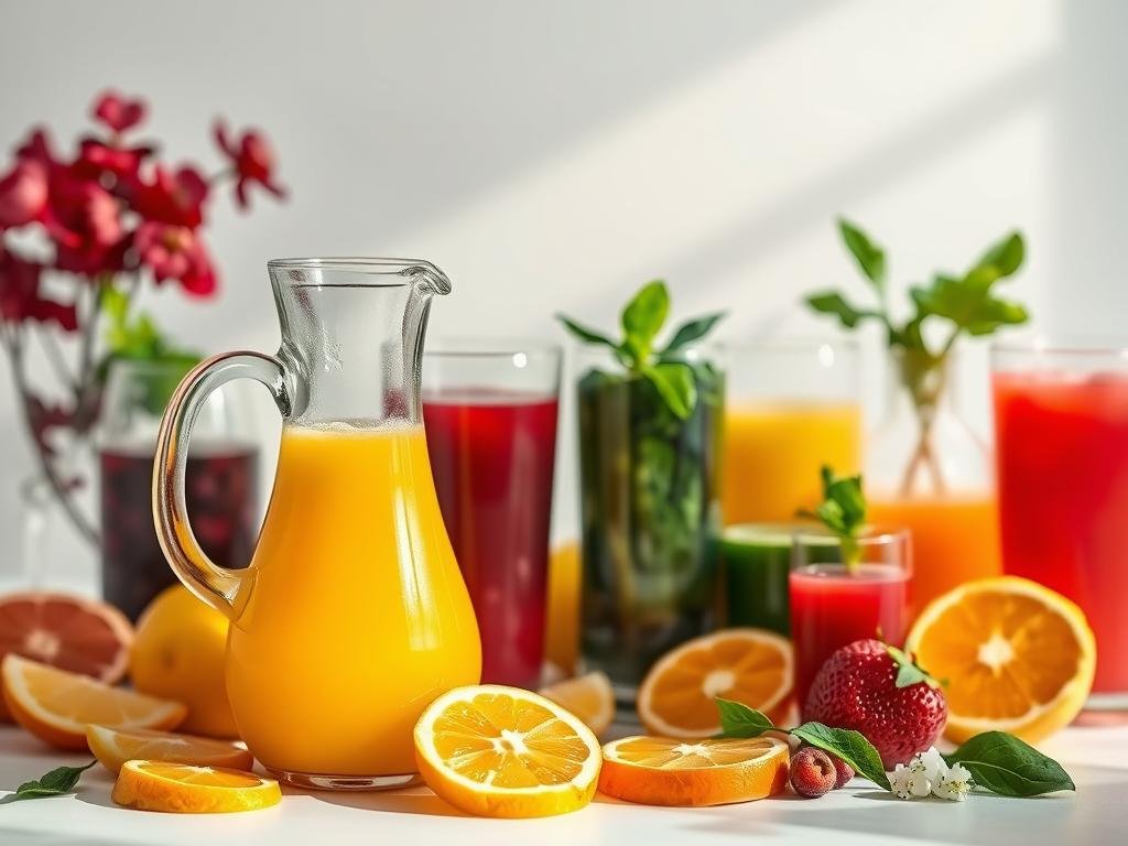 A vibrant still life showcasing a variety of freshly squeezed, natural fruit juices set against a bright, airy backdrop. In the foreground, a glass carafe overflows with a golden-hued citrus juice, complemented by scattered slices of orange and lemon. In the middle ground, an assortment of other juices, including deep red berry and verdant green vegetable blends, are displayed in elegant glassware. The background features a minimalist, light-filled setting, with soft natural lighting gently illuminating the scene. The overall mood is one of refreshment, vitality, and the nourishing power of nature's bounty. A vibrant still life showcasing a variety of freshly squeezed, natural fruit juices set against a bright, airy backdrop. In the foreground, a glass carafe overflows with a golden-hued citrus juice, complemented by scattered slices of orange and lemon. In the middle ground, an assortment of other juices, including deep red berry and verdant green vegetable blends, are displayed in elegant glassware. The background features a minimalist, light-filled setting, with soft natural lighting gently illuminating the scene. The overall mood is one of refreshment, vitality, and the nourishing power of nature's bounty.