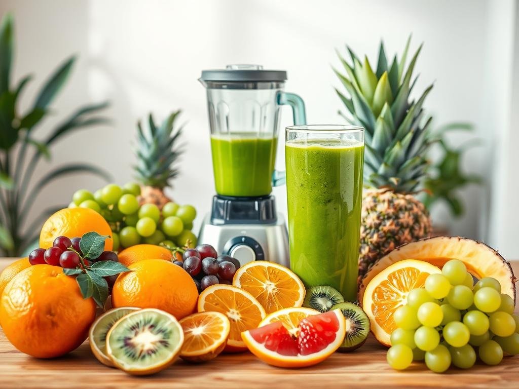 A vibrant still life showcasing an array of energizing fruits in a natural, soft-lit setting. In the foreground, luscious oranges, kiwis, pineapple slices, and bunches of fresh grapes are arranged artfully on a wooden table. The middle ground features a blender and glass filled with a vivid green smoothie, capturing the essence of rejuvenating fruit-based beverages. The background depicts a minimalist, light-filled space with hints of greenery, creating a serene, health-conscious ambiance. The overall composition exudes a sense of vitality and nourishment, perfectly reflecting the "Ingredientes Essenciais para Sucos Energizantes" theme. A vibrant still life showcasing an array of energizing fruits in a natural, soft-lit setting. In the foreground, luscious oranges, kiwis, pineapple slices, and bunches of fresh grapes are arranged artfully on a wooden table. The middle ground features a blender and glass filled with a vivid green smoothie, capturing the essence of rejuvenating fruit-based beverages. The background depicts a minimalist, light-filled space with hints of greenery, creating a serene, health-conscious ambiance. The overall composition exudes a sense of vitality and nourishment, perfectly reflecting the "Ingredientes Essenciais para Sucos Energizantes" theme.