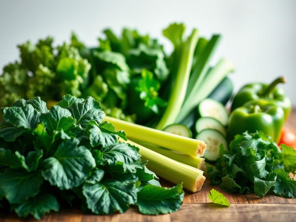 A vibrant still life showcasing an array of fresh, nutrient-dense green vegetables on a wooden table. In the foreground, a variety of leafy greens, including kale, spinach, and Swiss chard, are arranged artfully. In the middle ground, crisp celery stalks, crunchy cucumber slices, and vibrant green bell peppers create a harmonious composition. The background features a soft, natural lighting that gently illuminates the scene, highlighting the vibrant colors and textures of the produce. The overall mood is one of health, vitality, and the promise of rejuvenation, capturing the essence of "Vegetais verdes para sucos antienvelhecimento". A vibrant still life showcasing an array of fresh, nutrient-dense green vegetables on a wooden table. In the foreground, a variety of leafy greens, including kale, spinach, and Swiss chard, are arranged artfully. In the middle ground, crisp celery stalks, crunchy cucumber slices, and vibrant green bell peppers create a harmonious composition. The background features a soft, natural lighting that gently illuminates the scene, highlighting the vibrant colors and textures of the produce. The overall mood is one of health, vitality, and the promise of rejuvenation, capturing the essence of "Vegetais verdes para sucos antienvelhecimento".