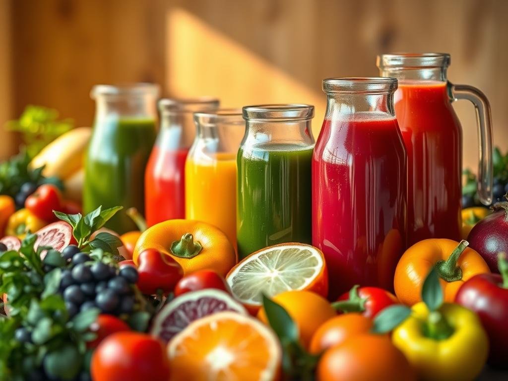 A vibrant still life showcasing an array of fresh, nutrient-rich juices. In the foreground, an assortment of colorful fruits and vegetables, their vibrant hues and natural textures captured in sharp detail. The middle ground features glass jugs and tumblers brimming with a variety of juices, their rich, inviting colors reflecting the abundance of vitamins and minerals within. The background is softly blurred, emphasizing the focal point of the composition - the nourishing, life-giving properties of the juices. Warm, natural lighting casts a golden glow, accentuating the vitality and healthfulness of the scene. The overall mood is one of vitality, wellness, and the power of nature's bounty to revitalize and energize. A vibrant still life showcasing an array of fresh, nutrient-rich juices. In the foreground, an assortment of colorful fruits and vegetables, their vibrant hues and natural textures captured in sharp detail. The middle ground features glass jugs and tumblers brimming with a variety of juices, their rich, inviting colors reflecting the abundance of vitamins and minerals within. The background is softly blurred, emphasizing the focal point of the composition - the nourishing, life-giving properties of the juices. Warm, natural lighting casts a golden glow, accentuating the vitality and healthfulness of the scene. The overall mood is one of vitality, wellness, and the power of nature's bounty to revitalize and energize.