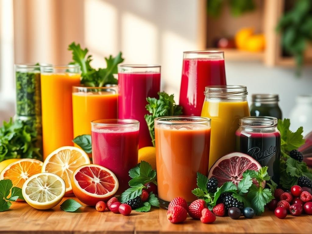 A vibrant still life showcasing an assortment of nutrient-rich fruit and vegetable juices, captured in a warm, inviting light. The foreground features a wooden table or counter, upon which a variety of colorful glasses and jars are arranged, each filled with a different juice blend - from deep green kale and spinach, to bright orange carrot and mango, to vivid red beet and berry. The middle ground includes fresh produce such as citrus fruits, leafy greens, and vibrant berries, hinting at the wholesome ingredients used in these powerful juice combinations. The background has a soft, blurred effect, conveying a sense of tranquility and wellness. The overall scene exudes a sense of health, vitality, and the joyful celebration of nature's bounty. Cansado? Veja os Sucos que Revitalizam e Recarregam seu Corpo